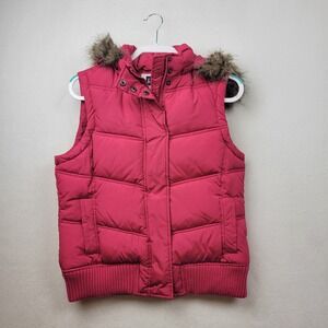 Vintage Gap Womens Pink Faux Fur Removable Hood Down Puffer Vest Size Medium